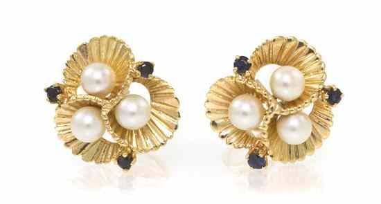 Appraisal: A Pair of Karat Yellow Gold Cultured Pearl and Sapphire