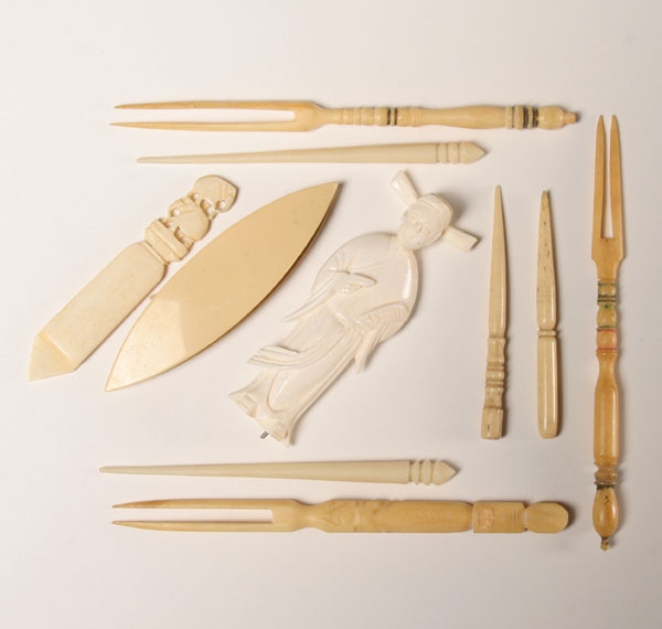 Appraisal: Lot of pieces carved sewing tools and Japanese figure Some