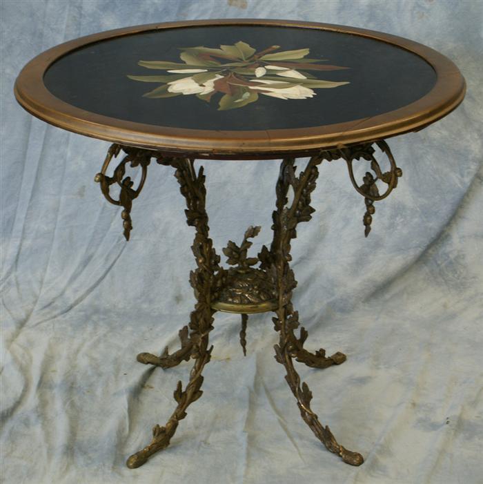 Appraisal: Pietra dura floral inlaid lamp table ornate bronze base gilt