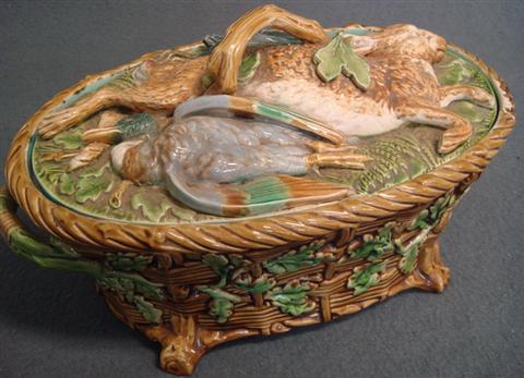 Appraisal: Minton majolica game pie tureen crack from rim through bottom