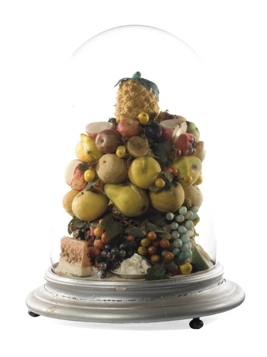 Appraisal: VICTORIAN WAX FRUIT ARRANGEMENT MOUNTED BENEATH A GLASS DUST DOME