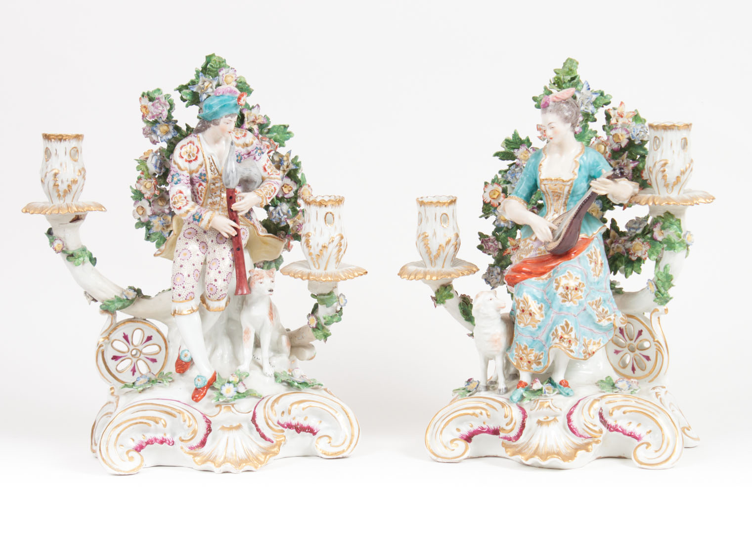 Appraisal: Pair of Chelsea porcelain figural candelabra gold anchor period -