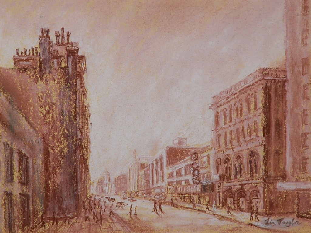 Appraisal: LIZ TAYLOR twentieth century PASTEL View of Deansgate Manchester signed