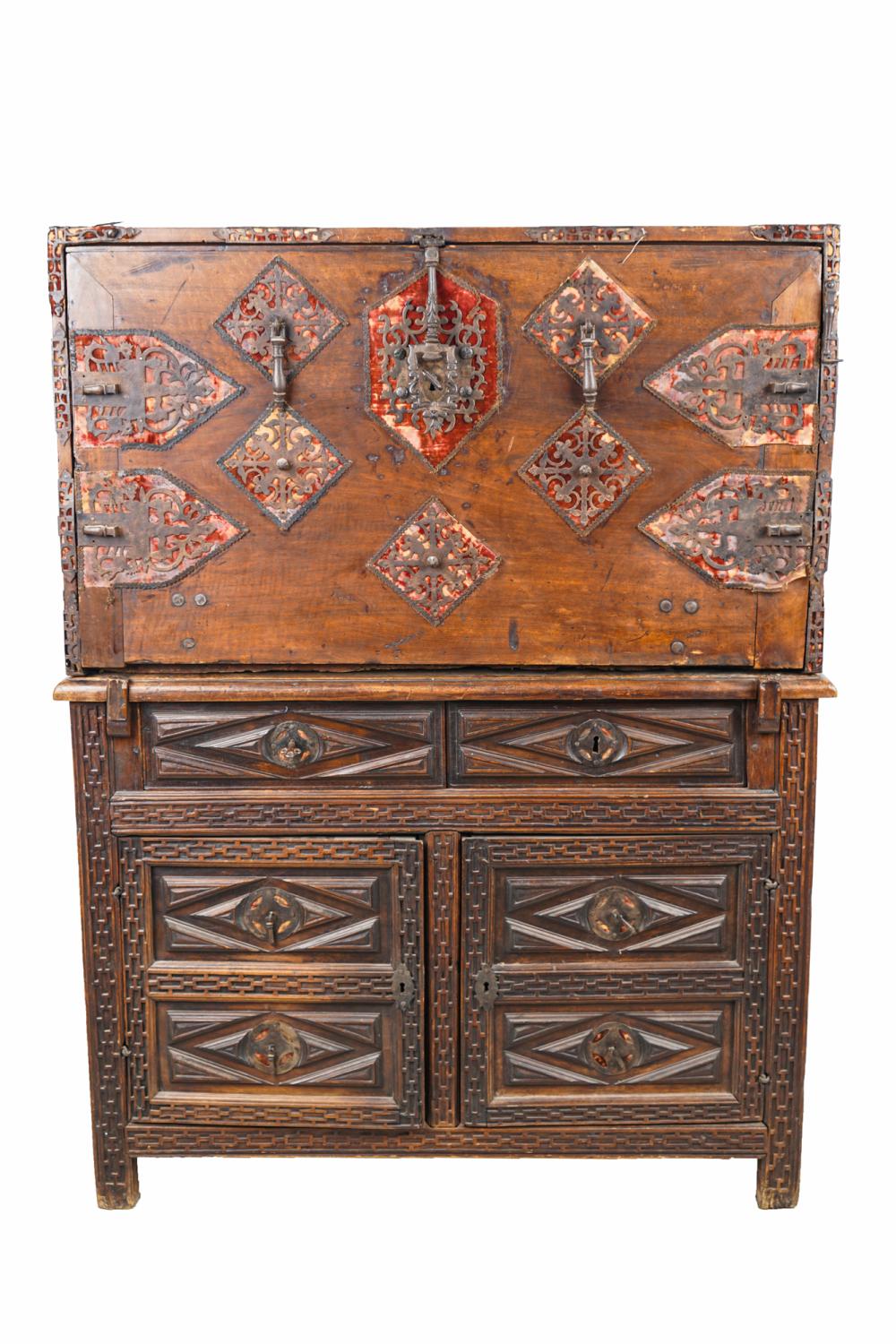 Appraisal: SPANISH VARGUENO CABINET ON STANDin two parts the cabinet with