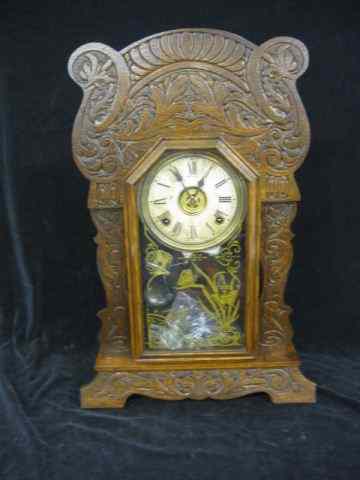 Appraisal: Sessions Carved Oak Mantle Clock fancy gingerbread case '' tall