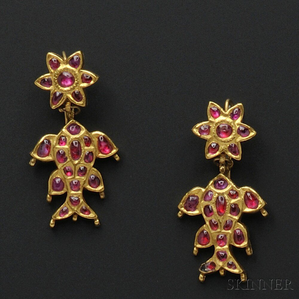 Appraisal: High-karat Gold and Ruby Earpendants India set with foil-back ruby