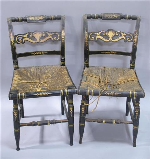 Appraisal: PAIR AMERICAN STENCILLED PAINTED RUSH CHAIRS the turned crestrails over