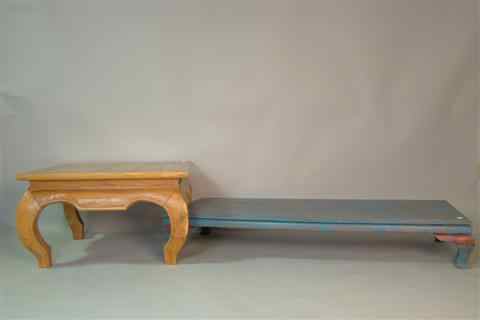 Appraisal: TWO CHINESE LOW TABLES ONE PAINTED BLUE the first h