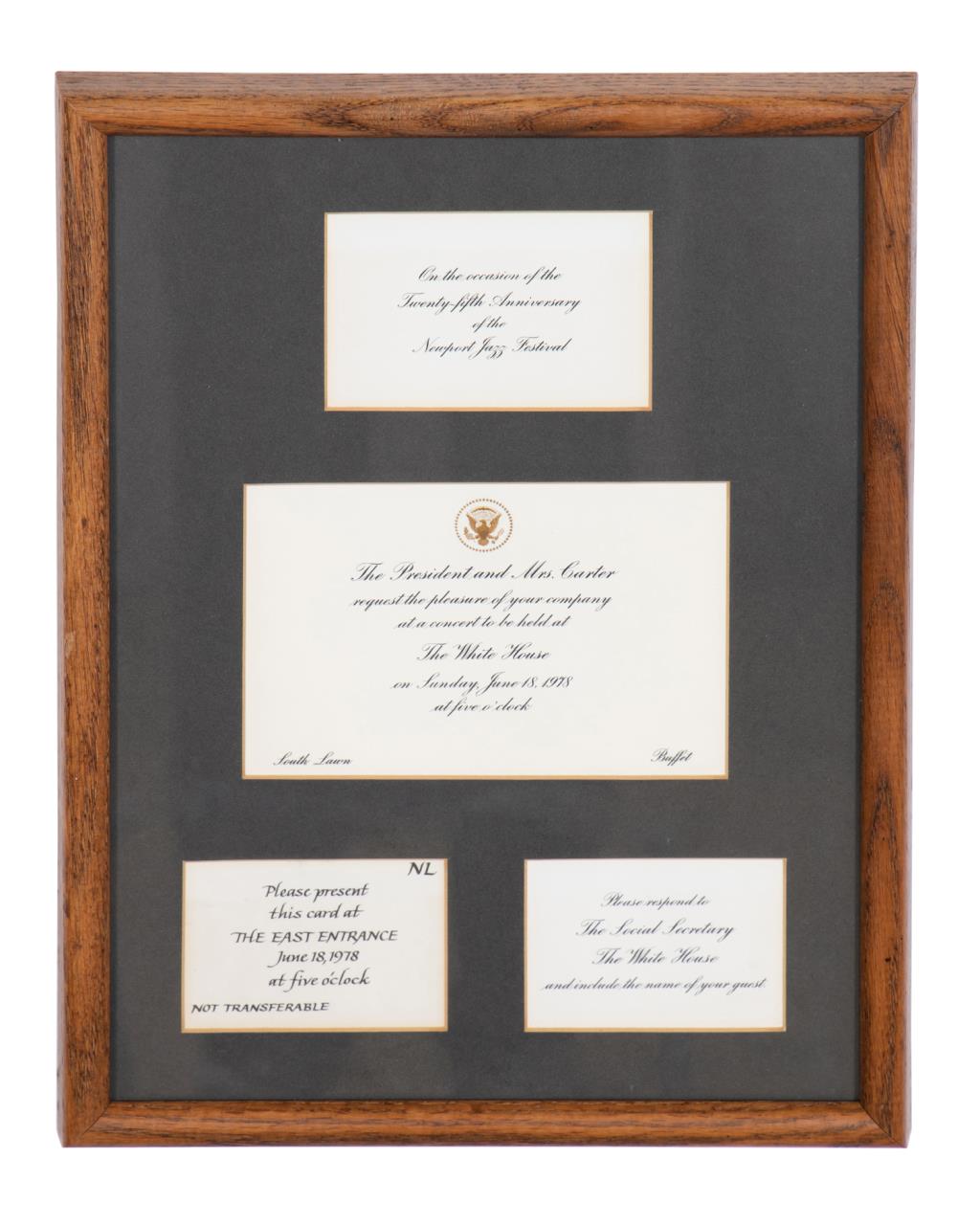 Appraisal: PRESIDENT CARTER WHITE HOUSE CONCERT INVITATION Framed four piece President