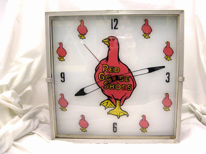 Appraisal: Square Face Red Goose Shoes Clock Square flat glass face