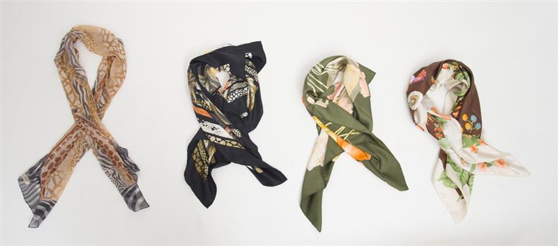 Appraisal: FOUR SALVATORE FERRAGAMO SILK SCARVES Property of Estate of Helen