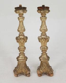 Appraisal: PAIR OF ITALIAN GILTWOOD ALTER CANDLESTICKS PAIR OF ITALIAN GILTWOOD