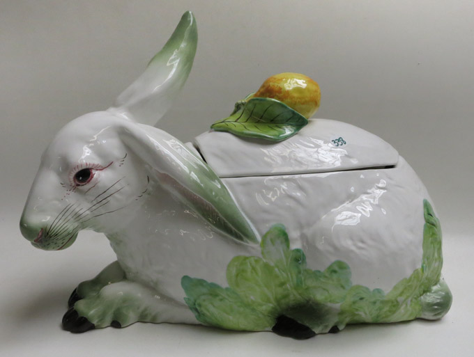 Appraisal: A MAJOLICA GLAZED PORCELAIN RABBIT TUREEN with a lemon finial