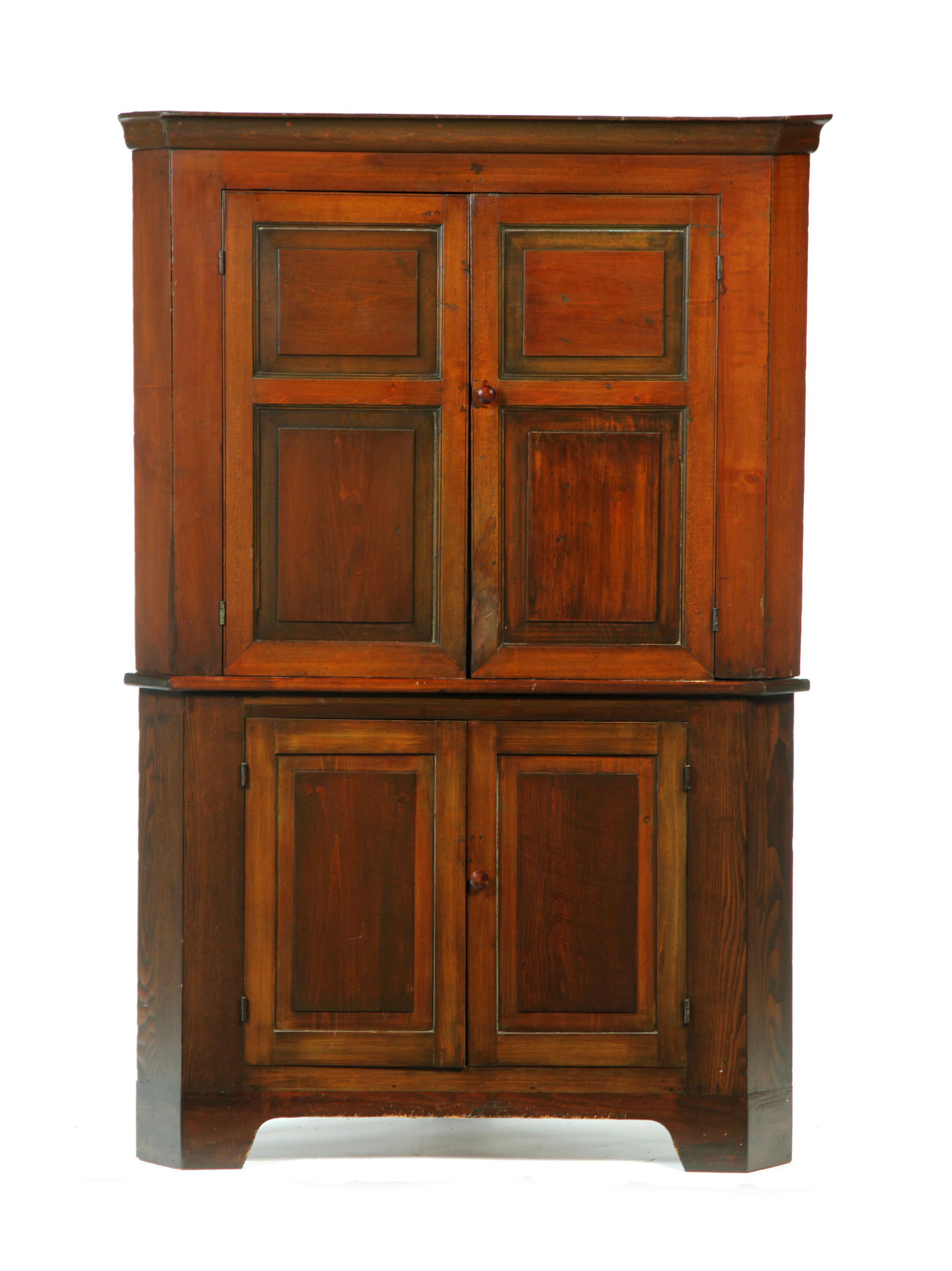 Appraisal: TWO-PIECE BLIND DOOR CORNER CUPBOARD American mid th century pine