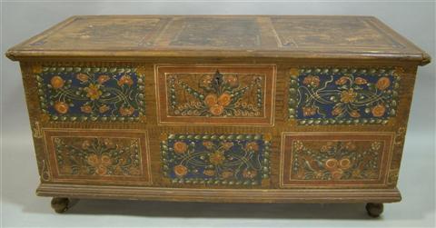 Appraisal: TRANSYLVANIAN PAINTED PINE IMMIGRANT PEASANT'S CHEST the hinged rectangular top