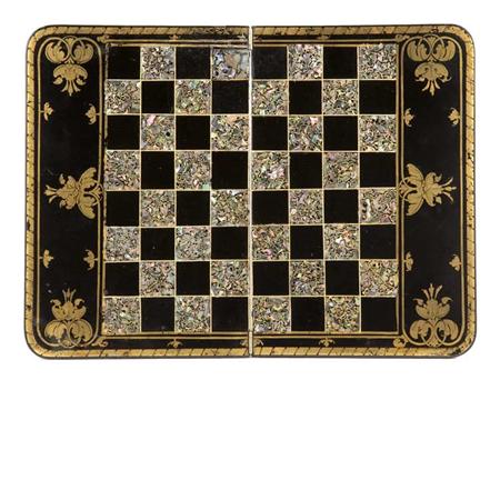 Appraisal: Victorian Style Mother-of-Pearl Inlaid Papier Mache Traveling Game Board Estimate