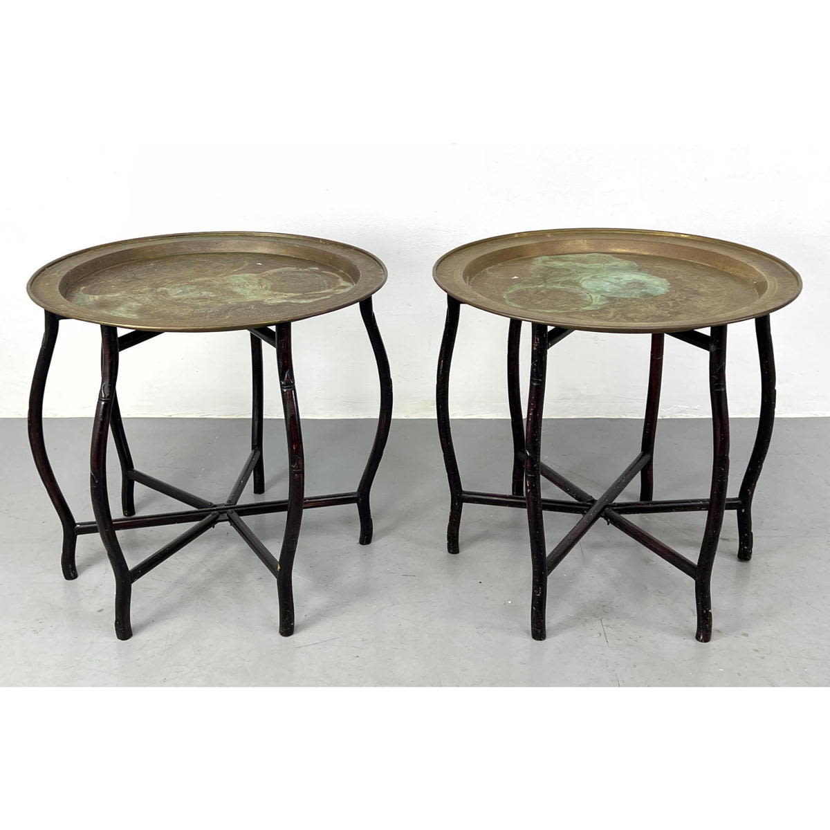 Appraisal: Pr Eastern Brass Tray Top Side Tables Wood Folding Bases