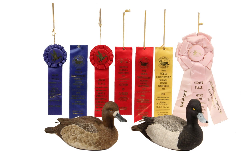 Appraisal: PAIR OF DISPLAY DECOYS WITH AWARD RIBBONS - Drake and