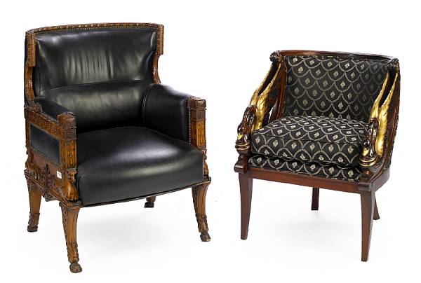 Appraisal: A pair of Empire style parcel gilt walnut armchairs together