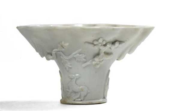 Appraisal: BLANC DE CHINE-KELCH China Kangxi-Periode H cm Gemodelter Dekor zweier