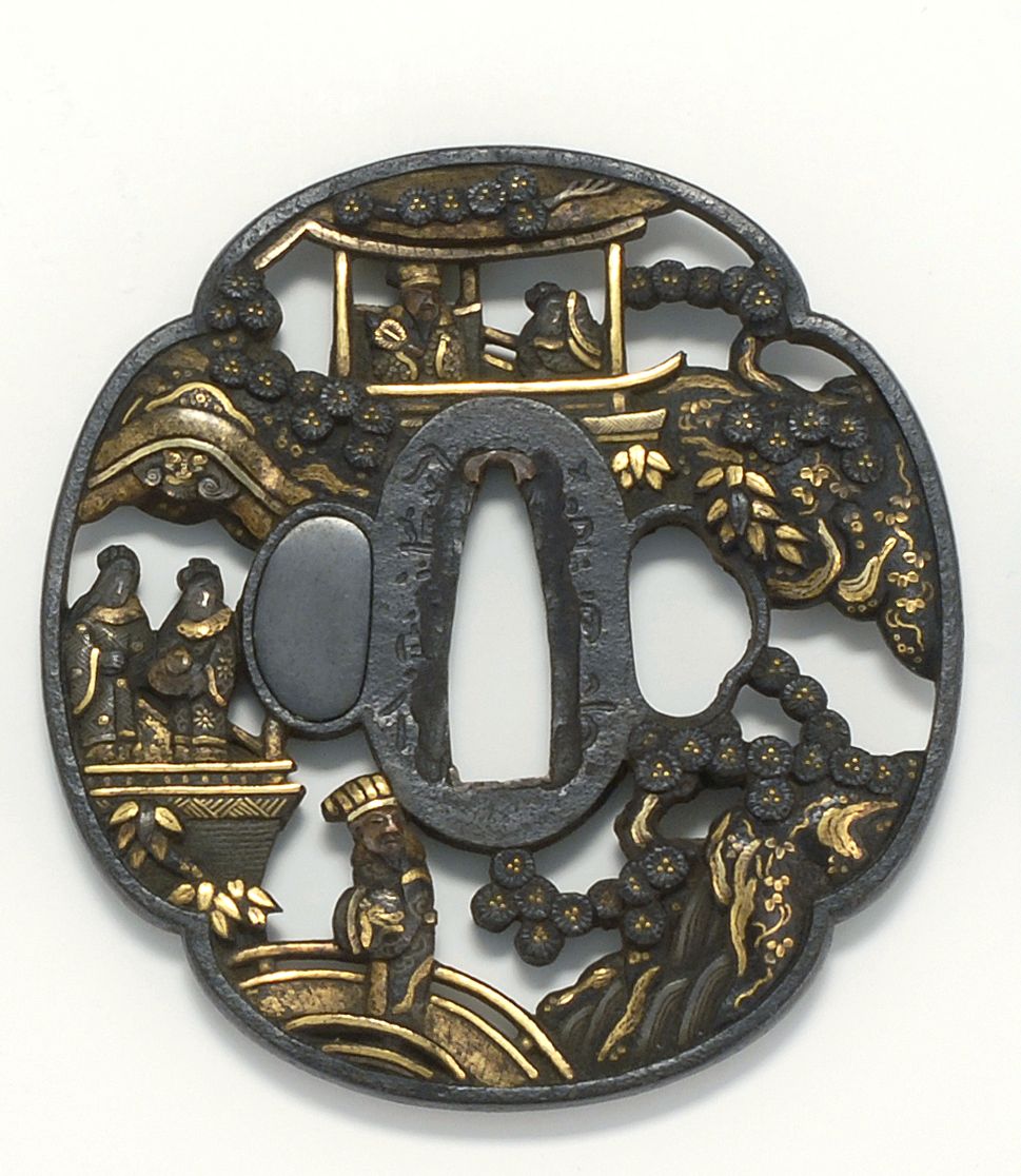 Appraisal: SUKASHI IRON TSUBA th CenturyIn mokko form with figural landscape