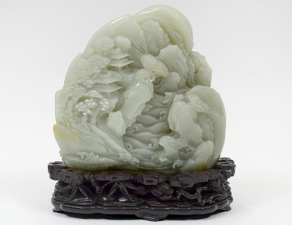 Appraisal: SUPERB WHITE JADE MOUNTAIN Chinese Carved with temples trees and