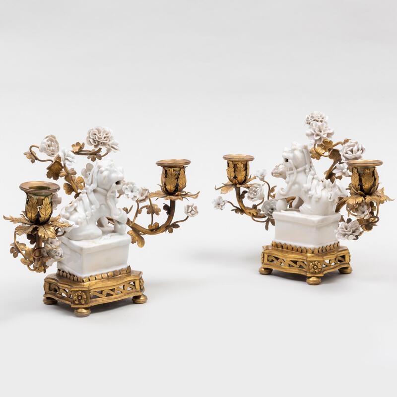 Appraisal: Pair of White Glazed Porcelain and Ormolu-Mounted Two-Light Candelabra The