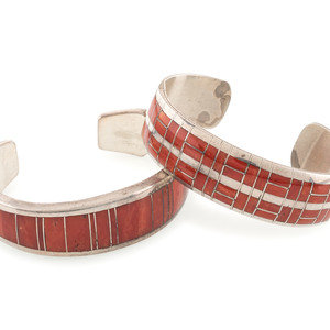 Appraisal: Zuni and Apache Silver and Channel Inlay Coral Cuff Bracelets