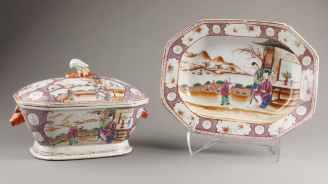 Appraisal: Tureen features various scenes of figures free form handle on