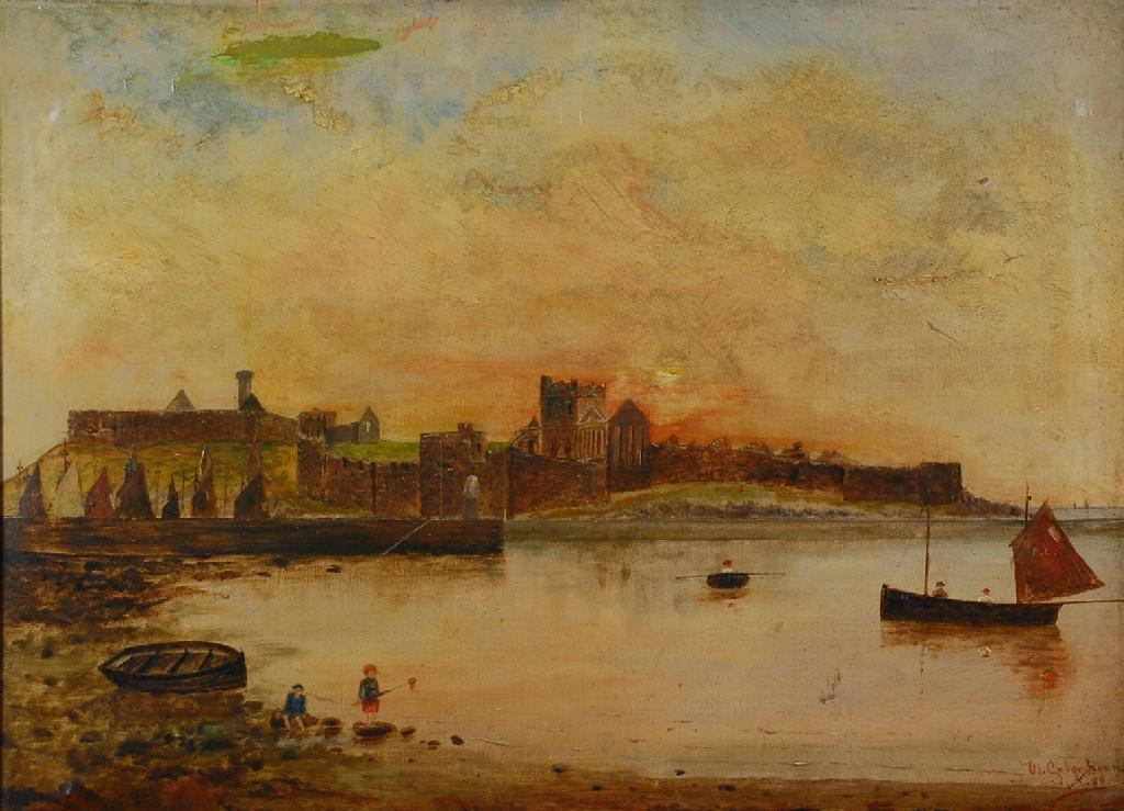 Appraisal: W COLQUHONY OIL ON CANVAS Harbour scene with castle ruin