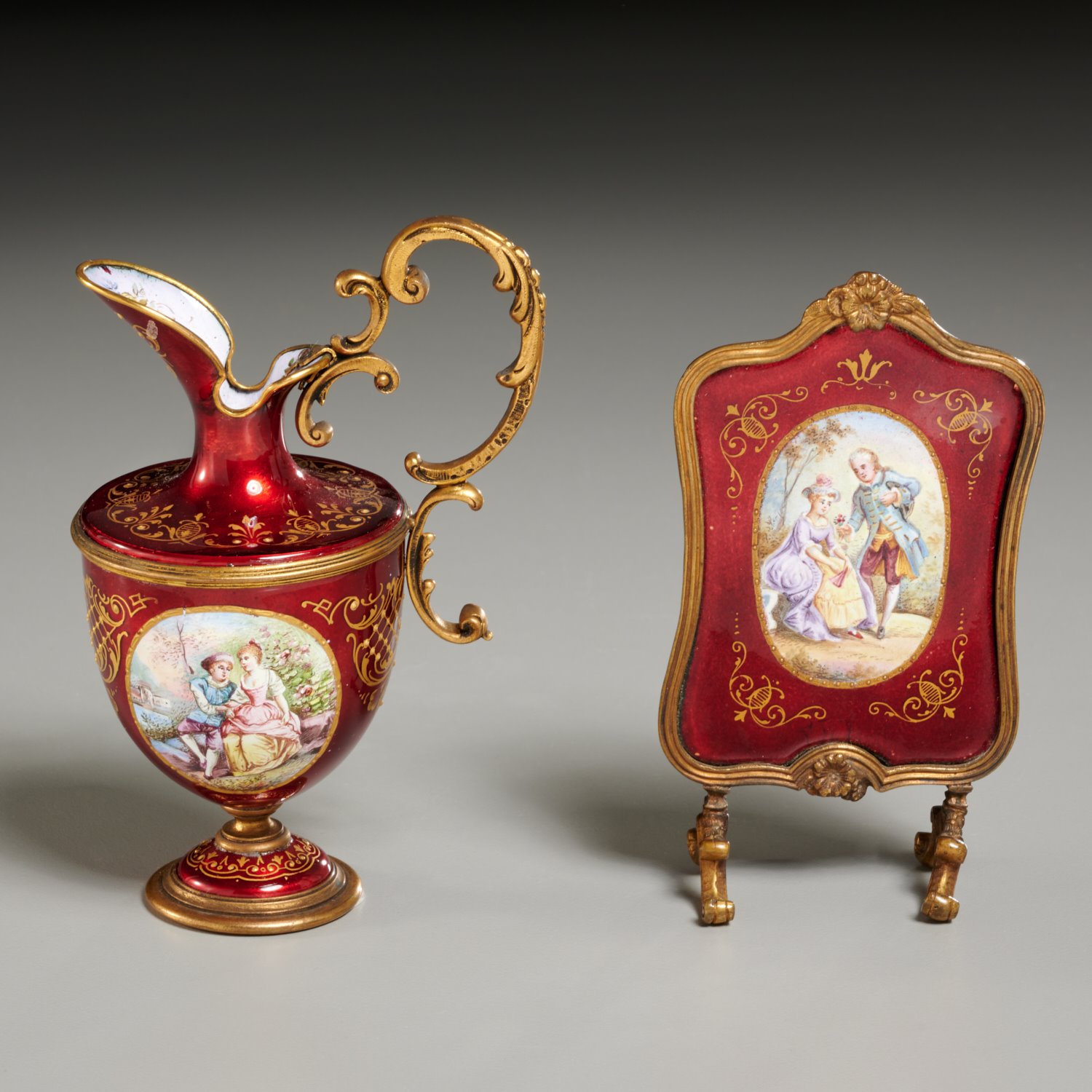 Appraisal: CONTINENTAL MINIATURE GILT ENAMEL EWER AND SCREEN Late th Early