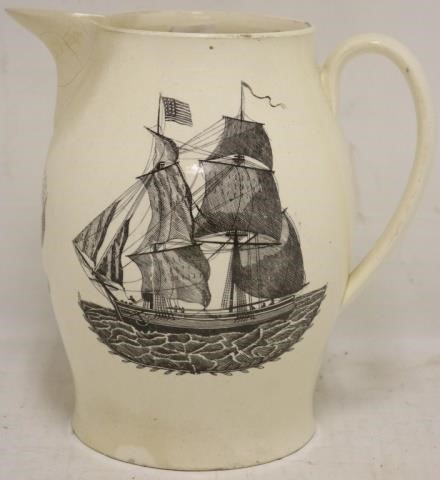 Appraisal: EARLY TH C LIVERPOOL TRANSFERWARE JUG DEPICTINGAN AMERICAN SHIP UNDER