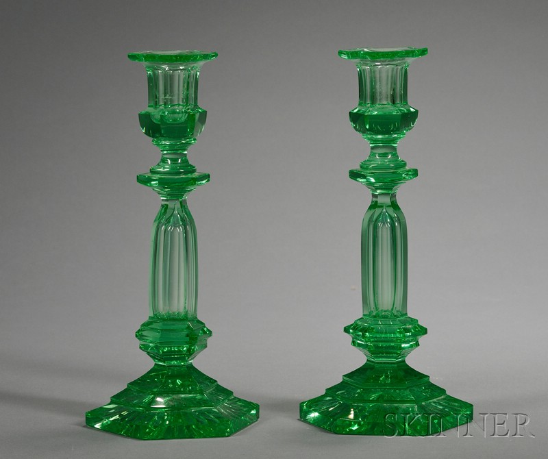 Appraisal: Pair of Hexagonal Apple Green Blown and Cut Glass Candlesticks