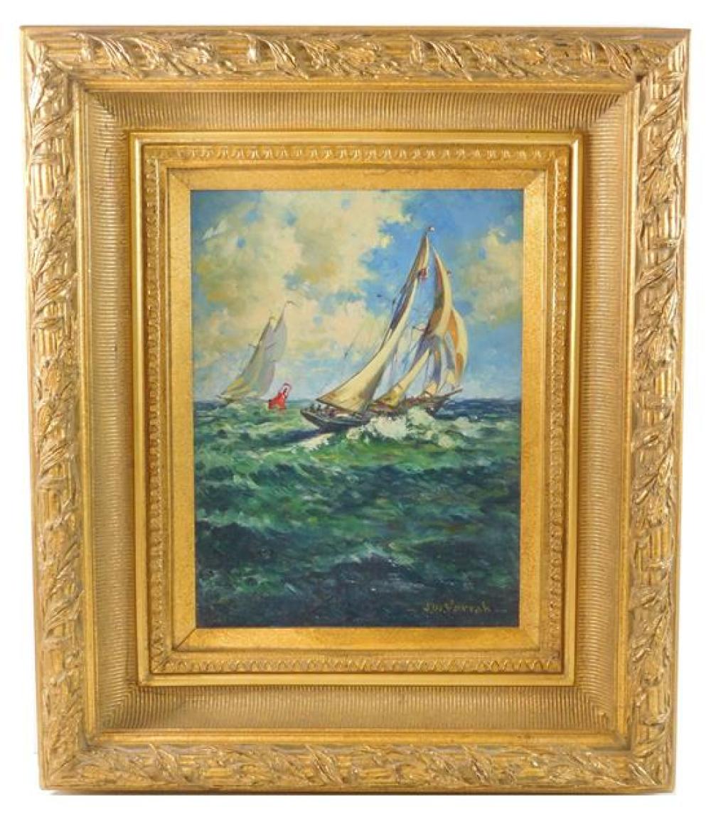 Appraisal: th C oil on board of racing sloops signed J