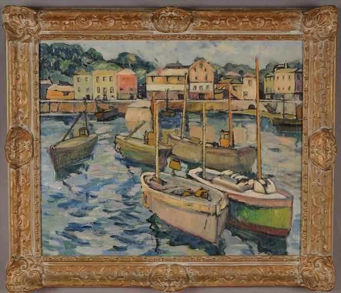 Appraisal: FRENCH SCHOOL TH C HARBOR SCENE Oil on board unsigned