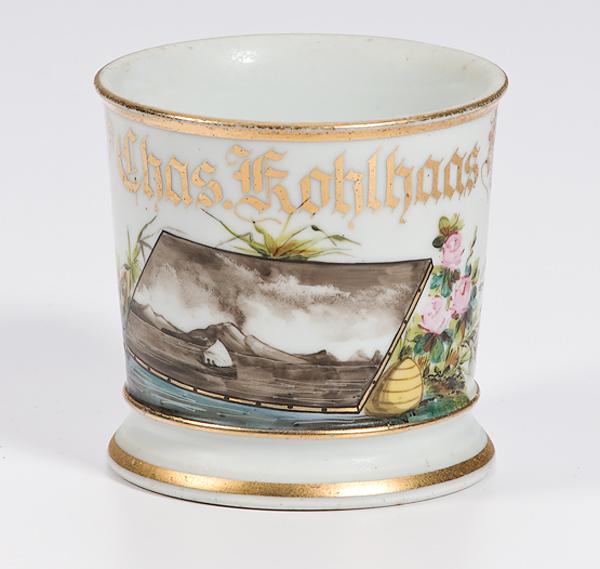 Appraisal: OCCUPATIONAL SHAVING MUG WITH UNUSUAL HARBOR SCENE CLEVELAND DECORATOR Porcelain