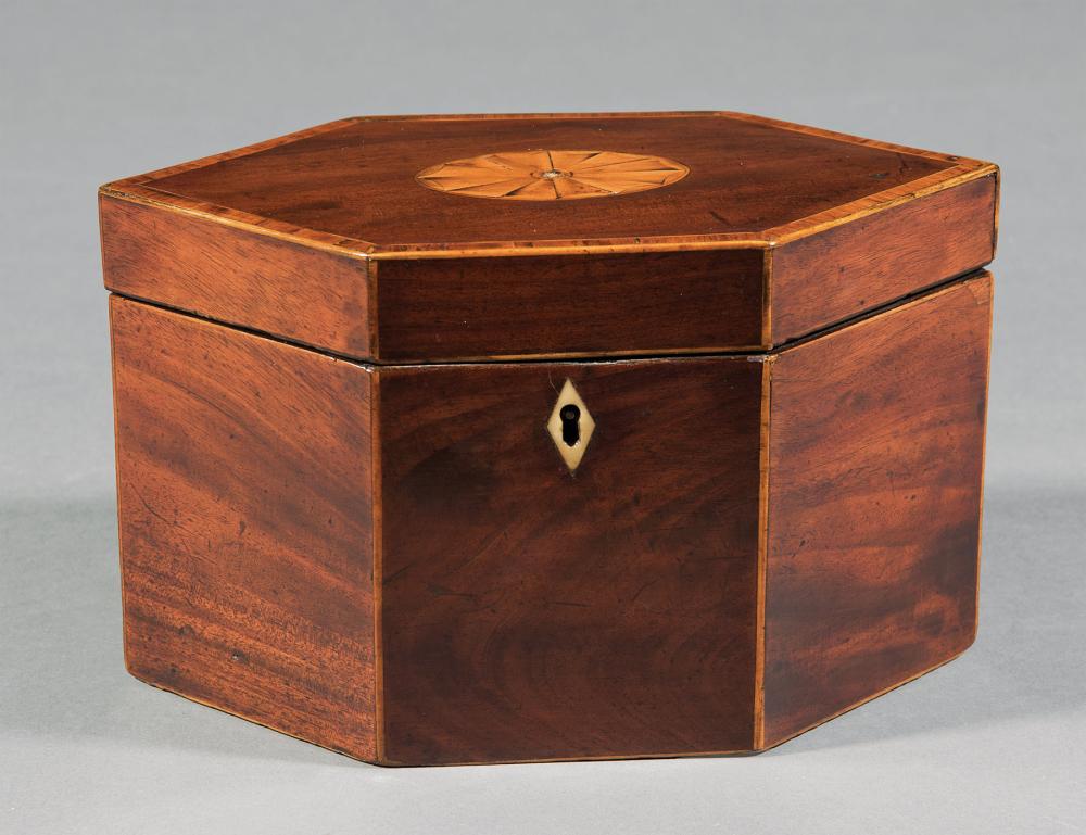 Appraisal: George III Patera Inlaid Mahogany Hexagonal Tea Caddy c interior