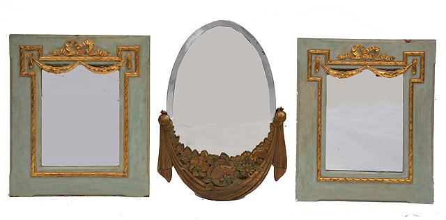 Appraisal: A PAIR OF PAINTED RECTANGULAR WALL MIRRORS with gilded ribbon