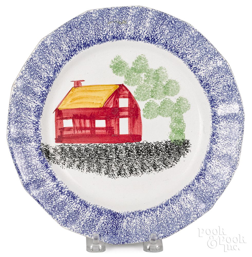 Appraisal: Blue spatter plate Blue spatter plate with schoolhouse dia Provenance