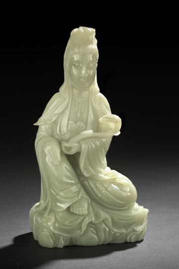 Appraisal: Chinese Carved Celadon Jade Figure of Guanyin carved in the