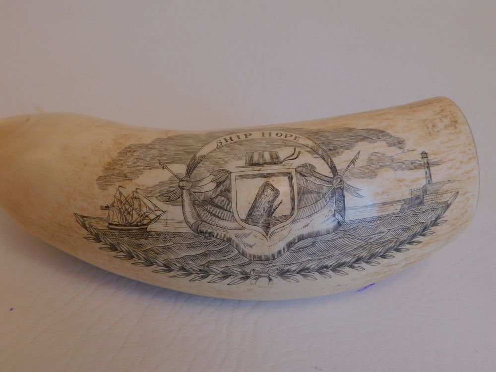 Appraisal: WHALE TOOTH WITH SHIP HOPE Scrimshaw whale tooth depiciting the