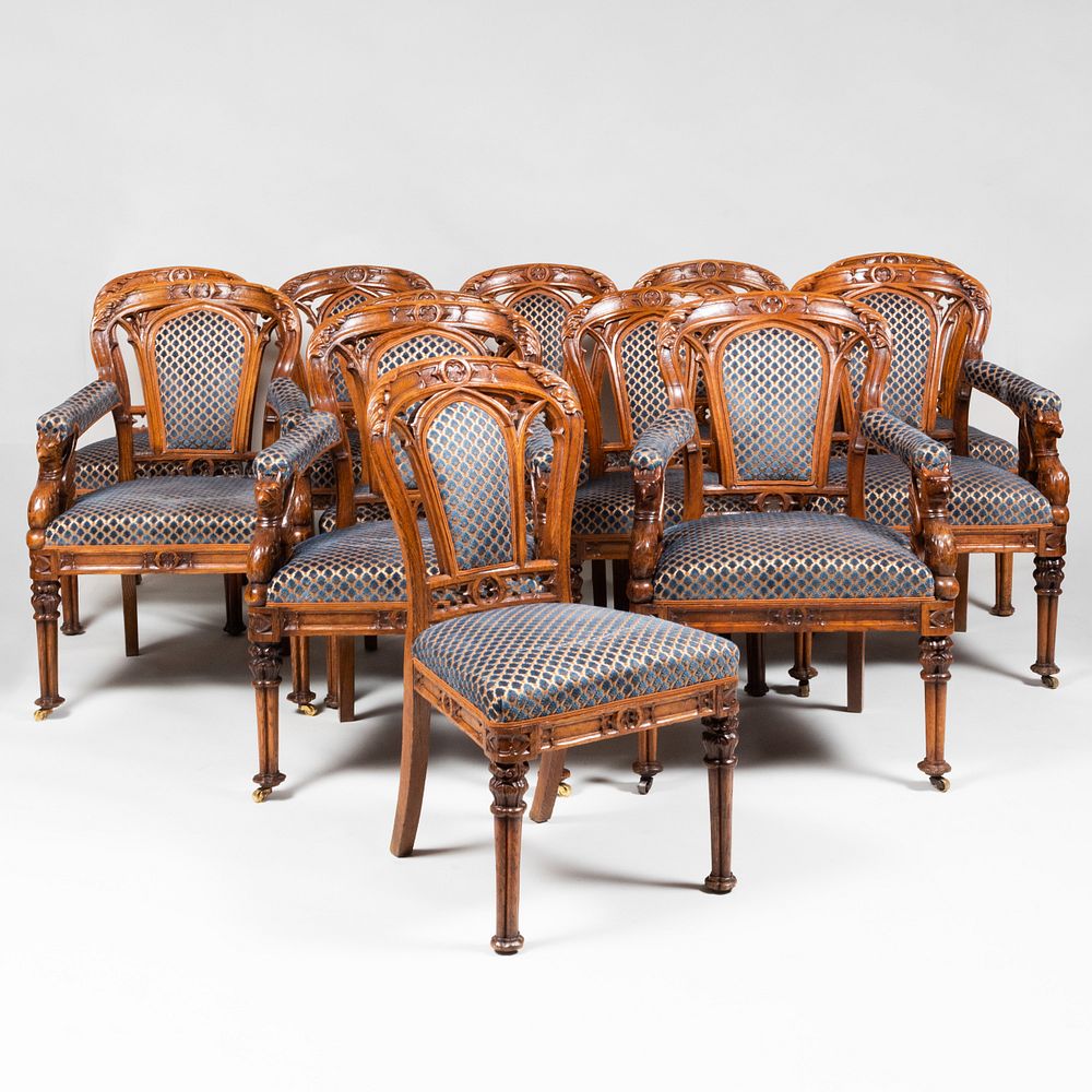 Appraisal: Fine Set of Twelve English Neo-Gothic Carved Oak Dining Chairs