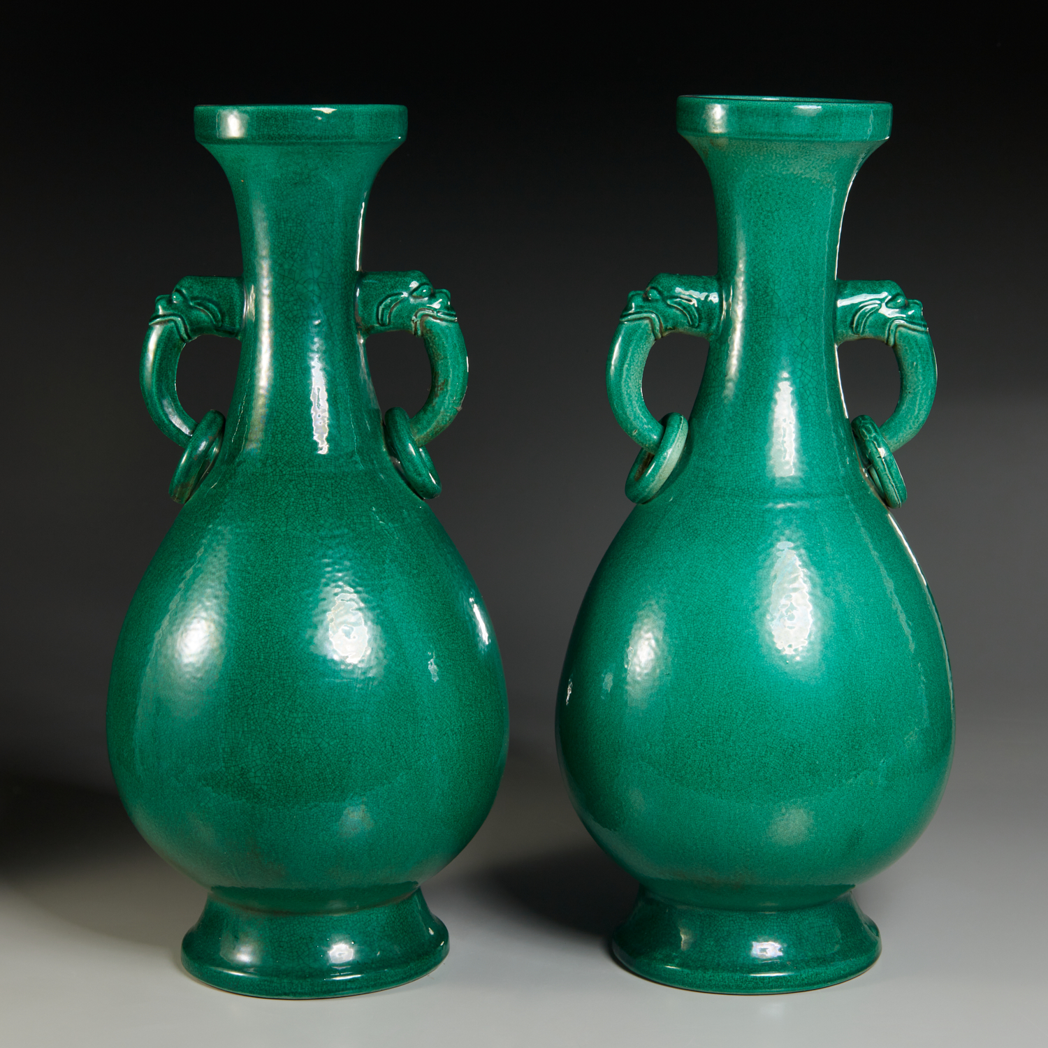 Appraisal: PAIR LARGE CHINESE GREEN GLAZE YUHUCHUNPING VASES Qing Dynasty th