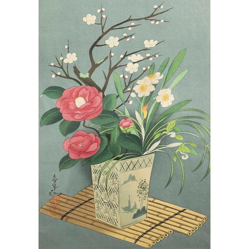 Appraisal: Bakufu Ohno Woodblock Print Bakufu Ohno Japanese - framed floral