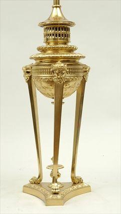 Appraisal: Neoclassical-Style Gilt-Metal Tripod Oil Lamp Electrified x in