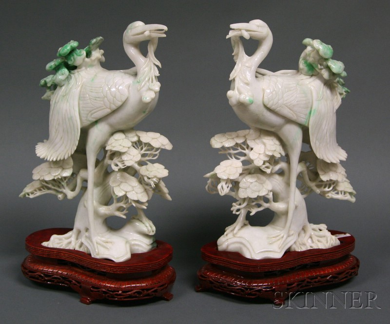 Appraisal: Pair of Jade Cranes China th century white stone with