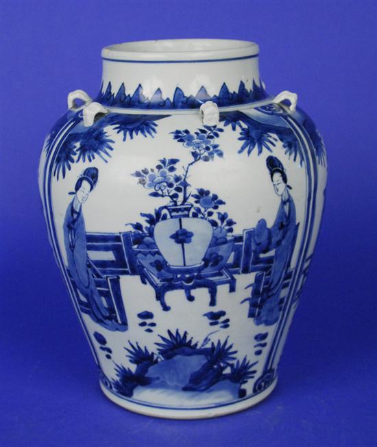 Appraisal: CHINESE BLUE AND WHITE FIGURAL DECORATED VASE with six lugs