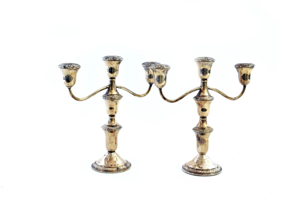 Appraisal: PAIR OF AMERICAN SILVER THREE-LIGHT CANDELABRAMarked Sterling Each scrolling arm