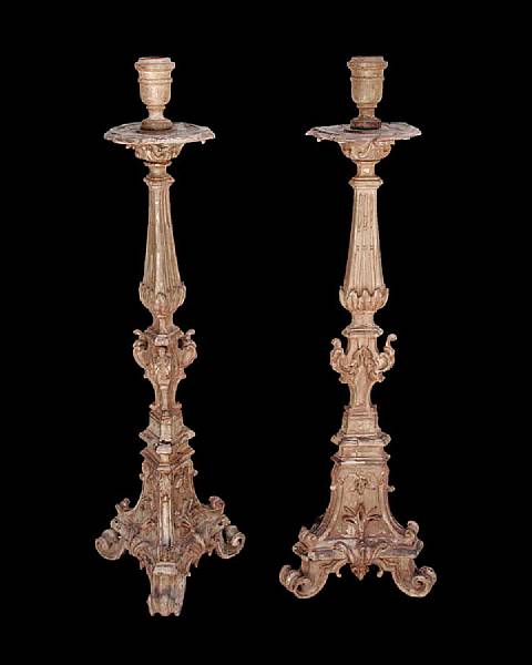 Appraisal: A pair of Portuguese Baroque painted candle prickets mid th