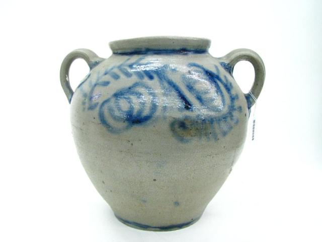 Appraisal: Salt-glazed stoneware handled antique crock with 'bee-sting' type blue decoration